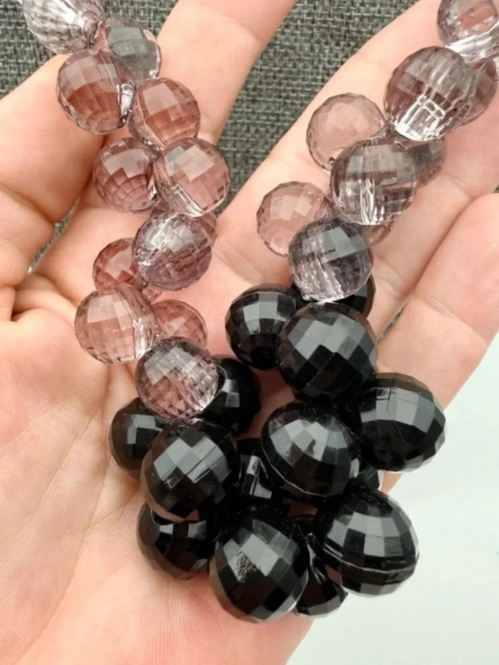 Faceted Acrylic Bead Statement Necklace Black Lavender Clear Chunky Adjustable - Picture 4 of 5